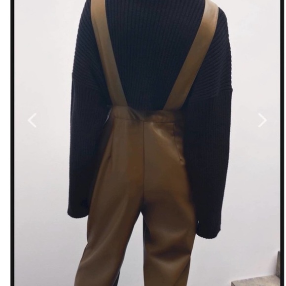 NWT! Zara Faux Leather Long Jumpsuit. Color Khaki. Size: XS. Gold Snap Buttons - Picture 4 of 16